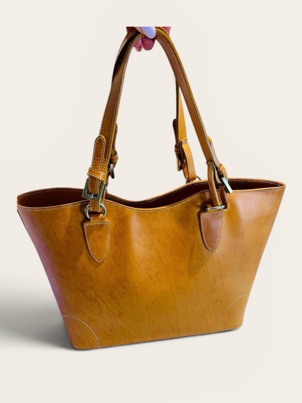 Italian Genuine Leather Large Tote Bag Cognac Brown Structured Shoulder Bag